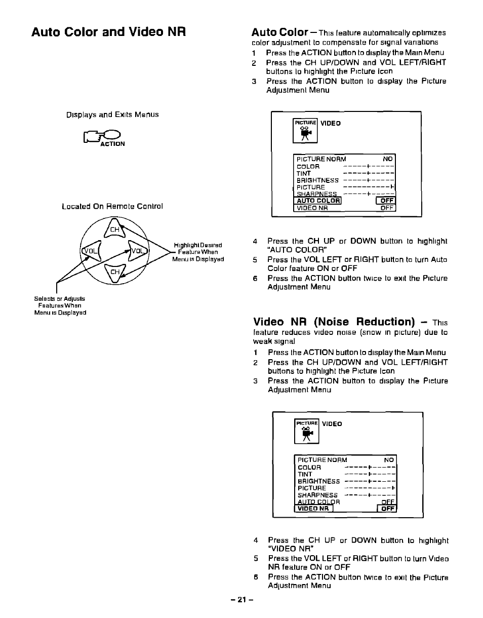 Video nr (noise reduction) - this, Video nr (noise reduction), Auto color and video nr | Auto color | Panasonic PT-51G40 User Manual | Page 21 / 44