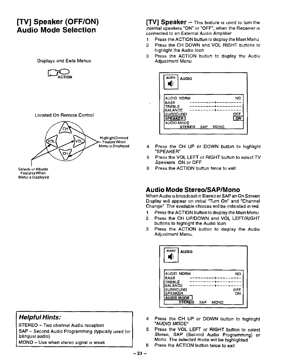 Tv] speaker (off/on) audio mode selection, Helpful hints, Tv] speaker | Audio mode stereo/sap/mono | Panasonic PT-51G40 User Manual | Page 23 / 44