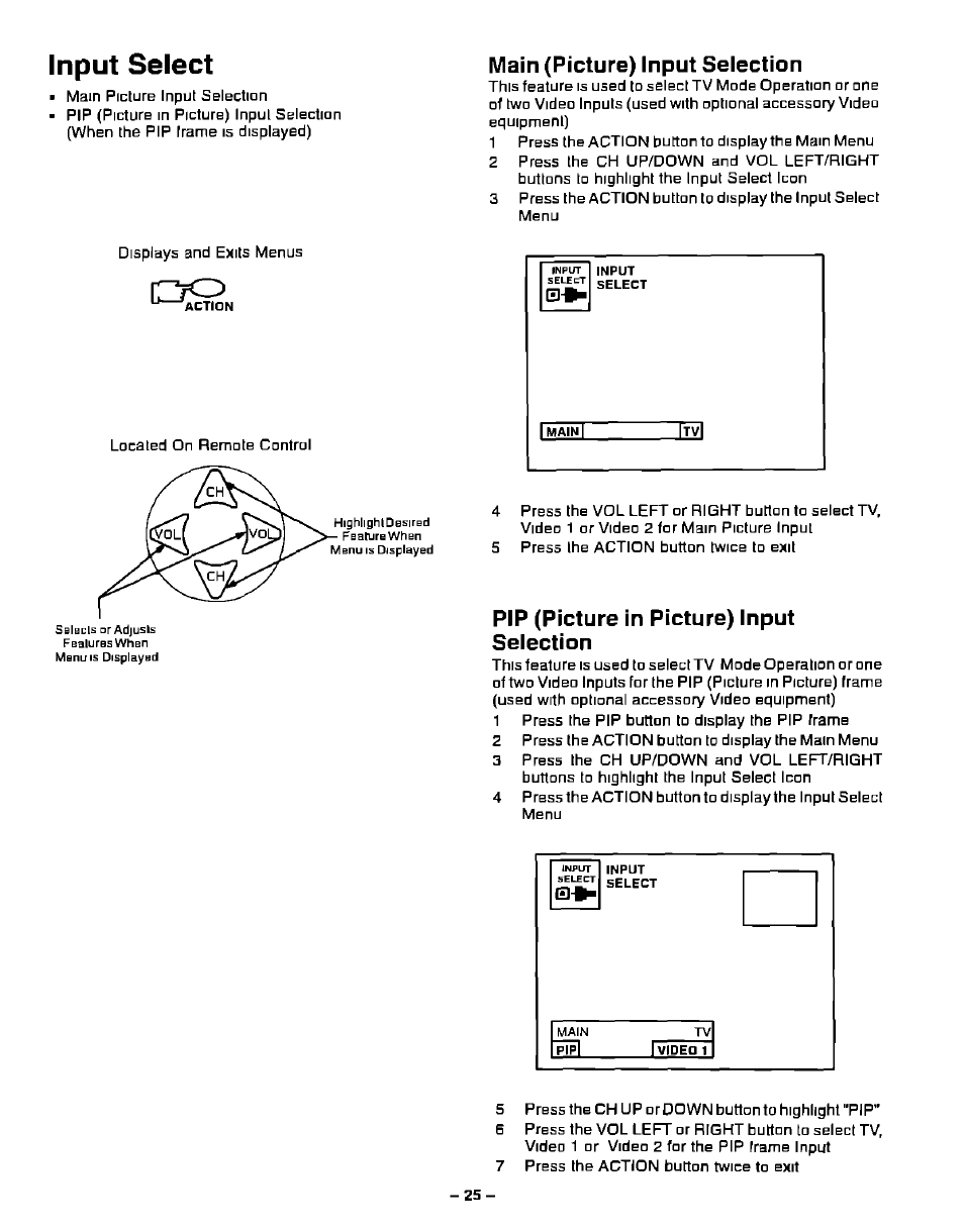 Main (picture) input selection, Pip (picture in picture) input selection, Mam (picture) input selection | Input select | Panasonic PT-51G40 User Manual | Page 25 / 44