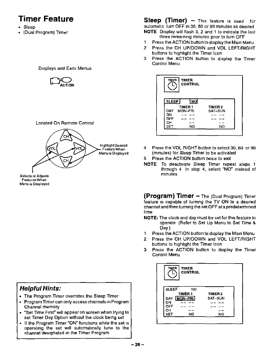 Timer feature, Helpful hints, Timer features | Sleep (timer), Program) timer | Panasonic PT-51G40 User Manual | Page 26 / 44