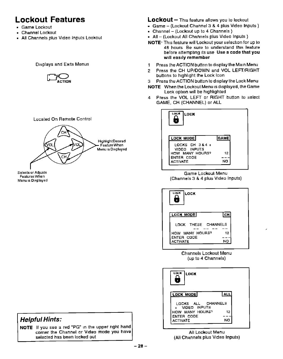 Helpful hints, Note, Lockout features | Lockout | Panasonic PT-51G40 User Manual | Page 28 / 44