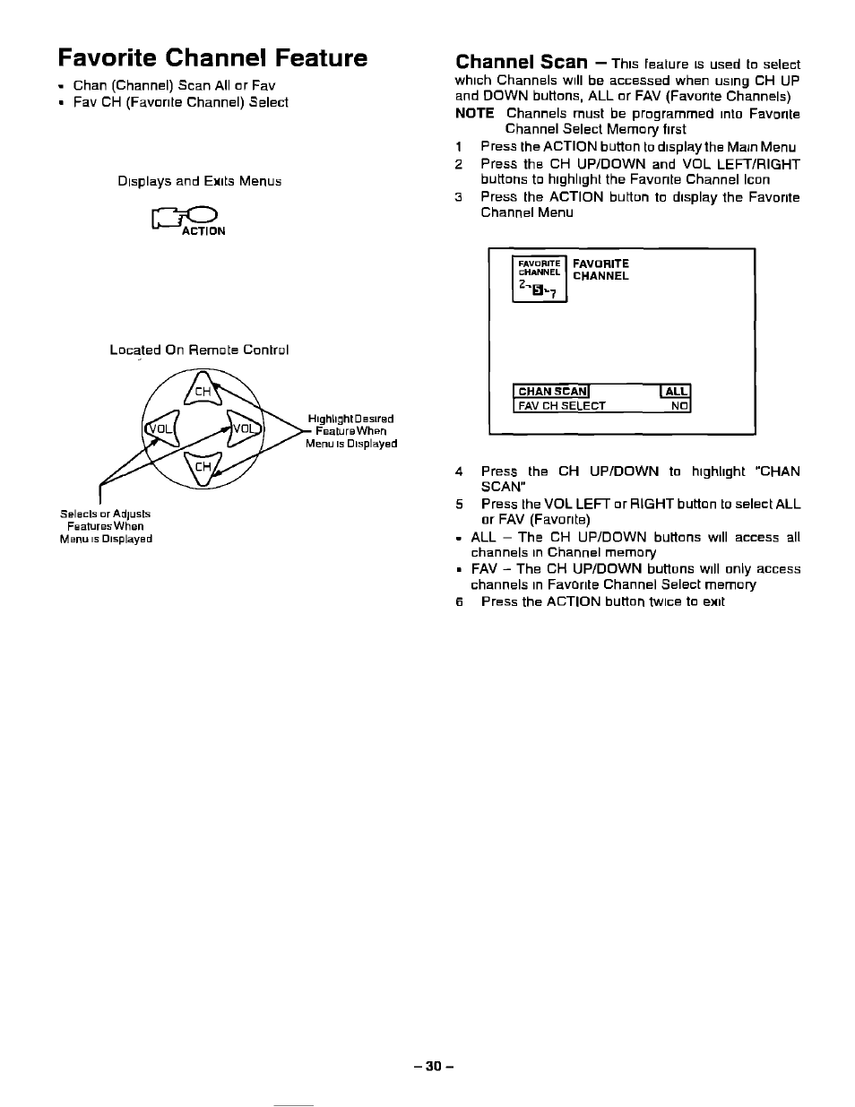Favorite channel feature, Channel scan | Panasonic PT-51G40 User Manual | Page 30 / 44