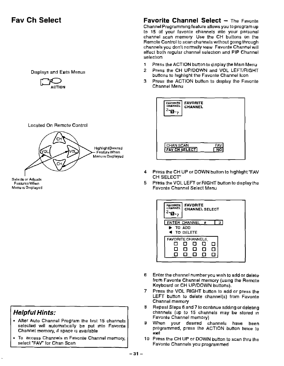 Fav ch select, Favorite channel select — the favorite, Heipfuf hints | Favorite channel select | Panasonic PT-51G40 User Manual | Page 31 / 44