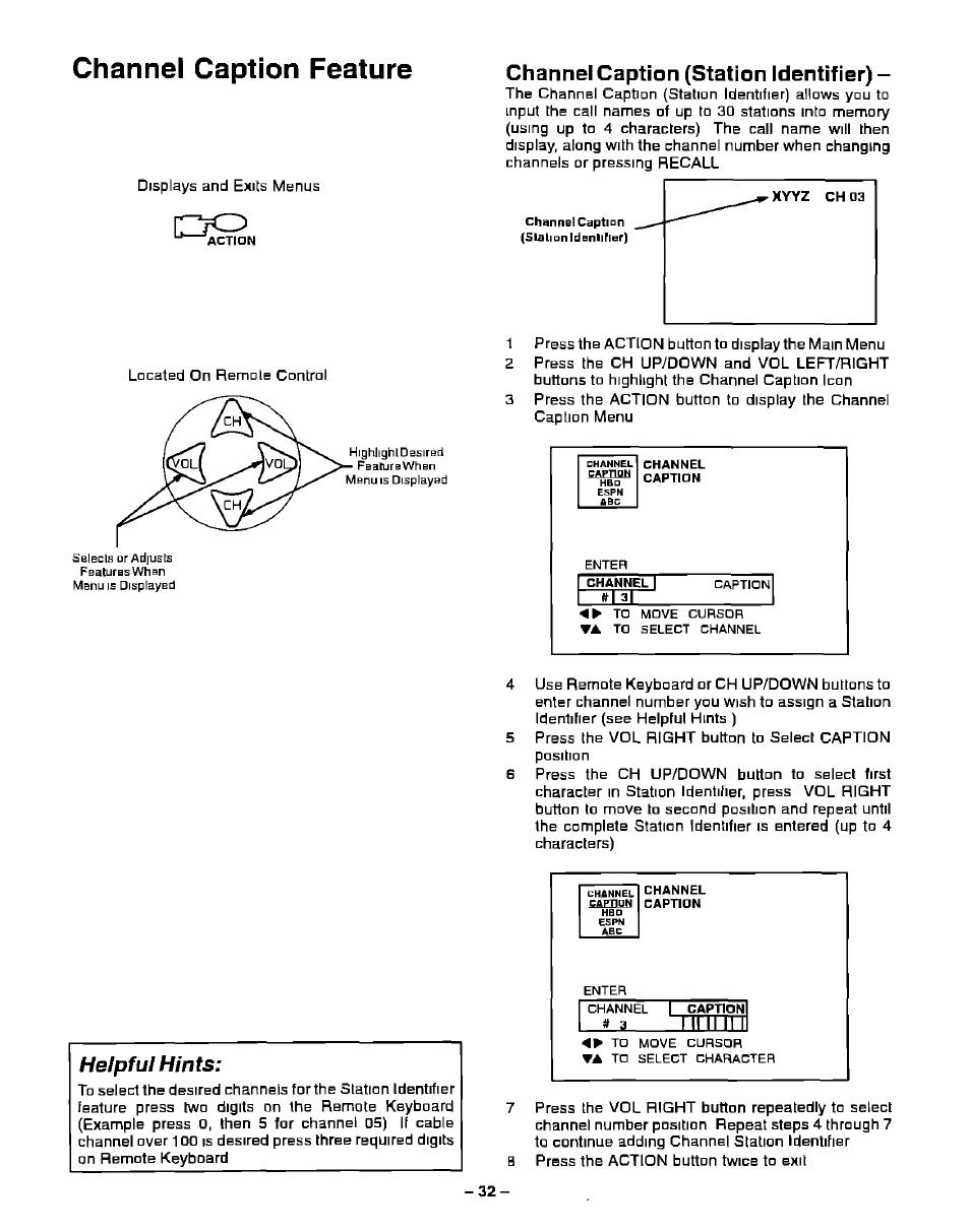 Channel caption (station identifier), Helpful hints, Channel caption feature | Panasonic PT-51G40 User Manual | Page 32 / 44