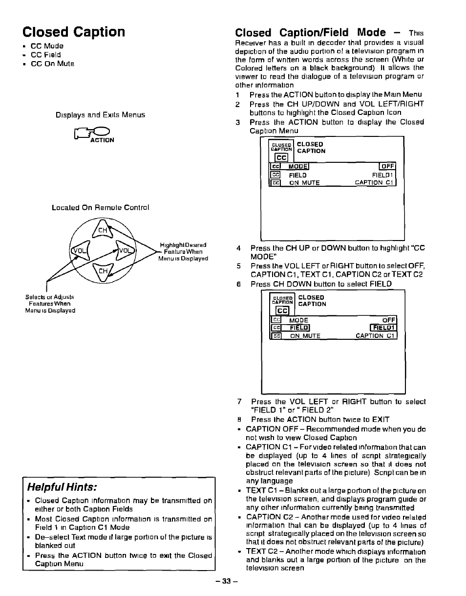 Closed caption, Closed caption/field mode - this, Closed caption/field mode | Helpful hints | Panasonic PT-51G40 User Manual | Page 33 / 44