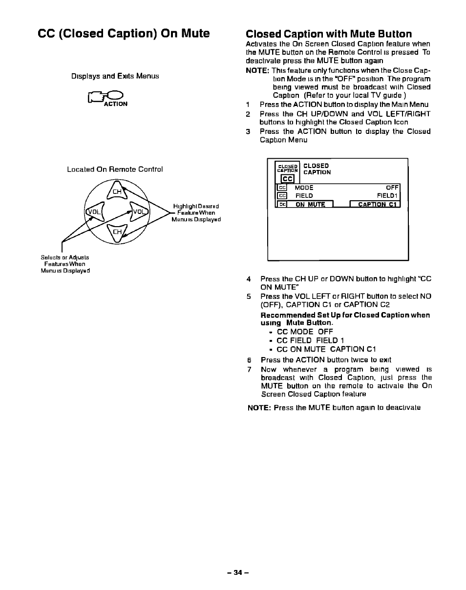 Cc (closed caption) on mute, Closed caption with mute button | Panasonic PT-51G40 User Manual | Page 34 / 44