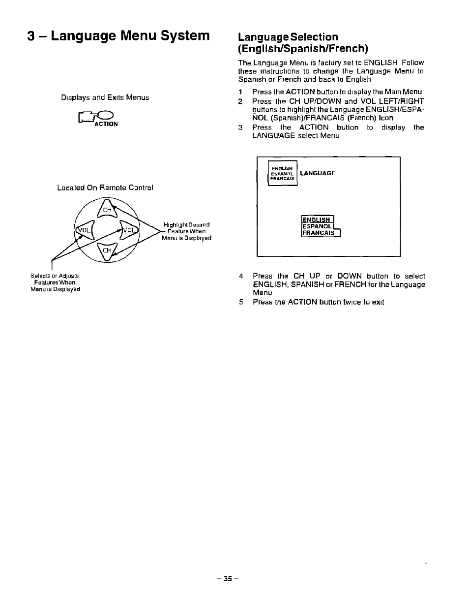 Language selection (english/spanish/french), 3 - language menu system | Panasonic PT-51G40 User Manual | Page 35 / 44
