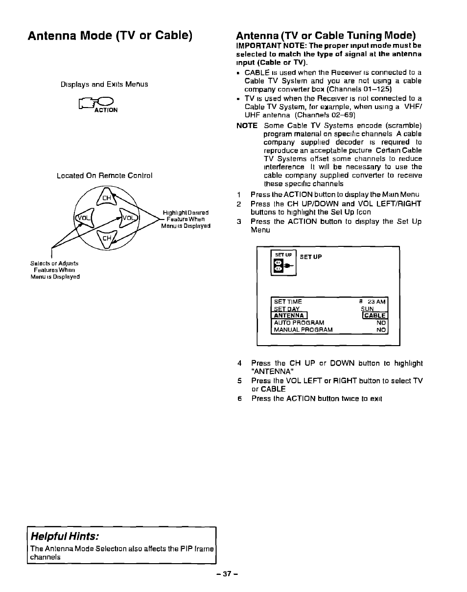 Antenna mode (tv or cable), Antenna (tv or cable tuning mode), Helpful hints | Panasonic PT-51G40 User Manual | Page 37 / 44