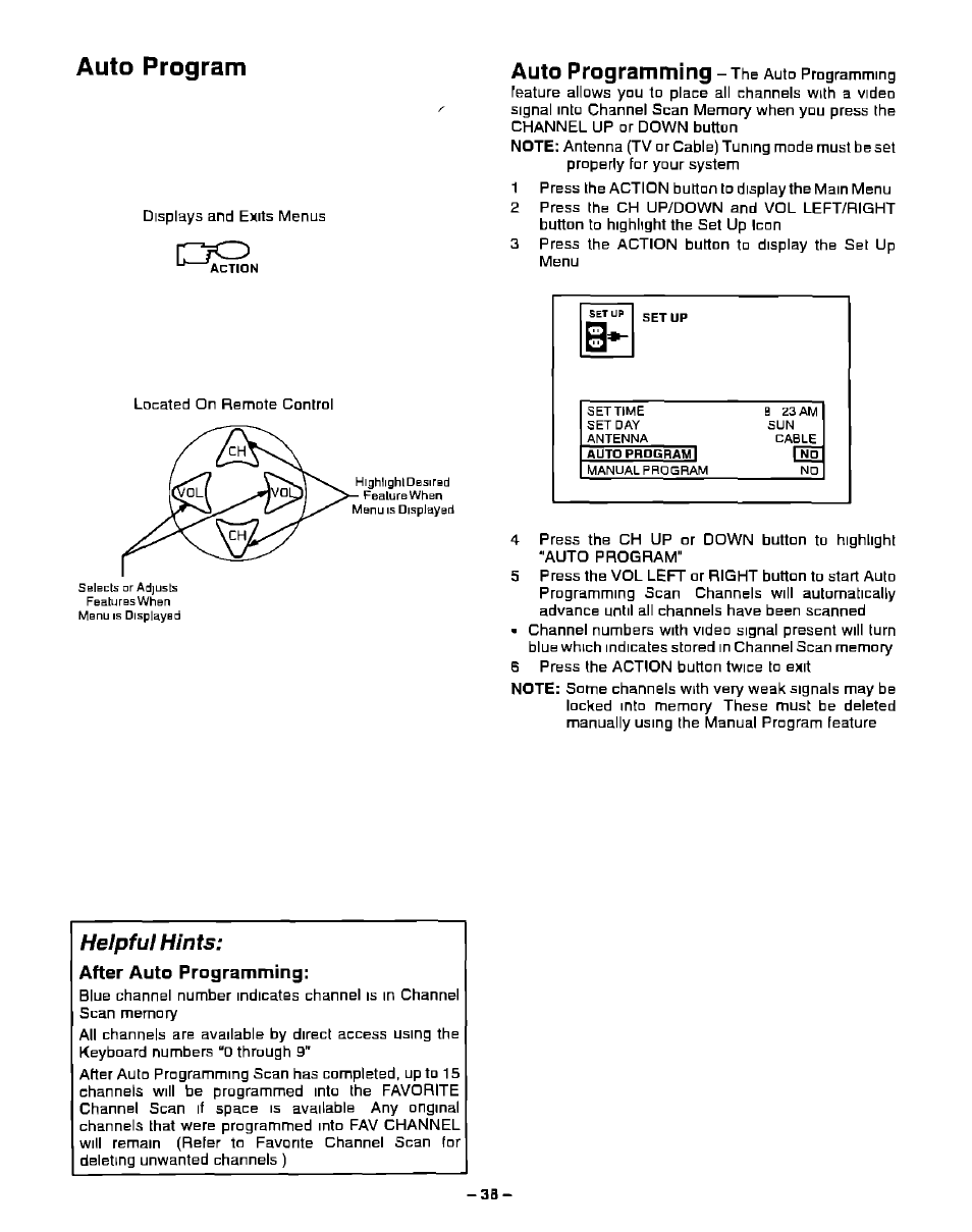 Auto program, Helpful hints, Cziq | Auto programming, After auto programming | Panasonic PT-51G40 User Manual | Page 38 / 44