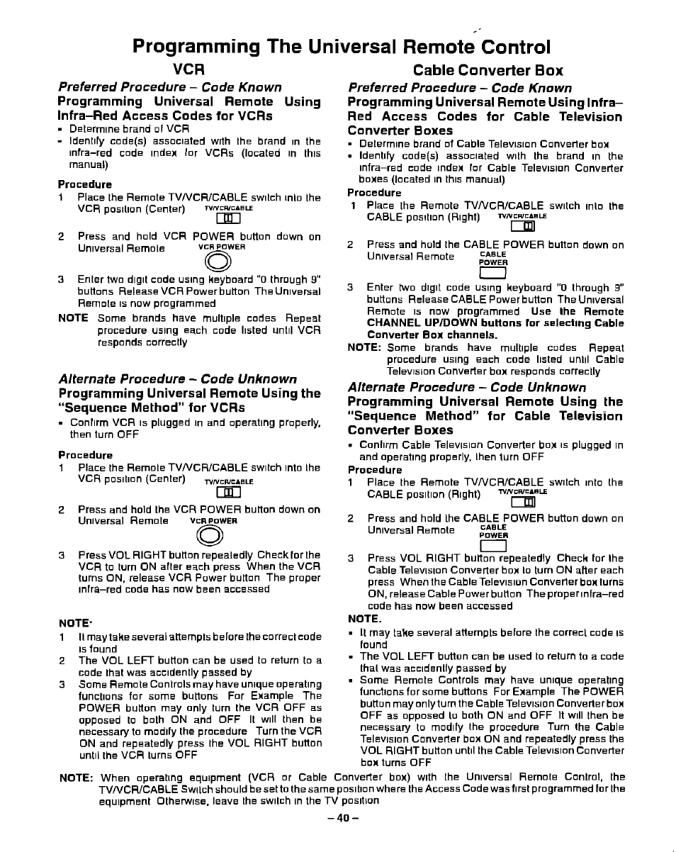 Programming the universal remote control, Procedure, Cable converter box | Preferred procedure, Alternate procedure | Panasonic PT-51G40 User Manual | Page 40 / 44