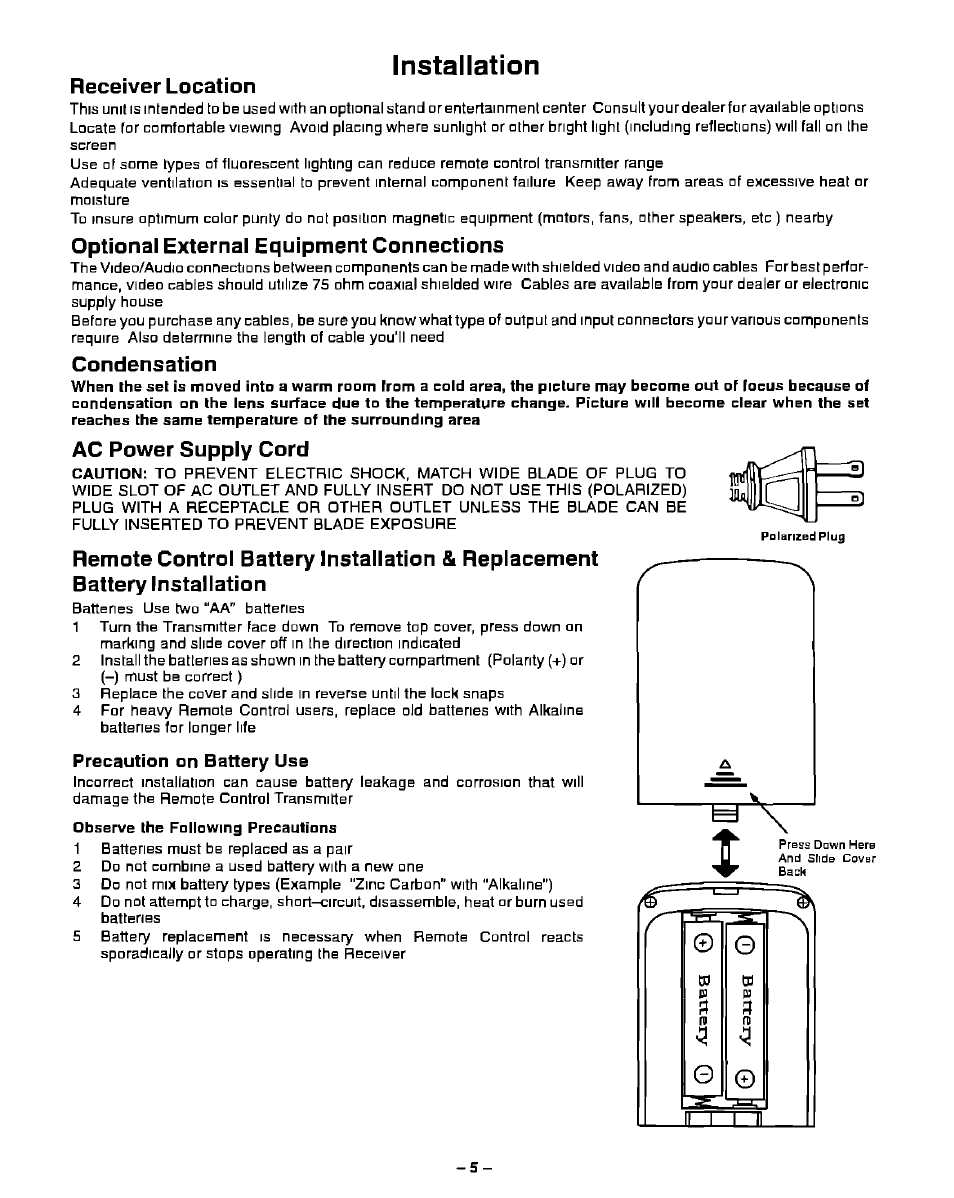 Installation, Receiver location, Optional external equipment connections | Condensation, Ac power supply cord | Panasonic PT-51G40 User Manual | Page 5 / 44
