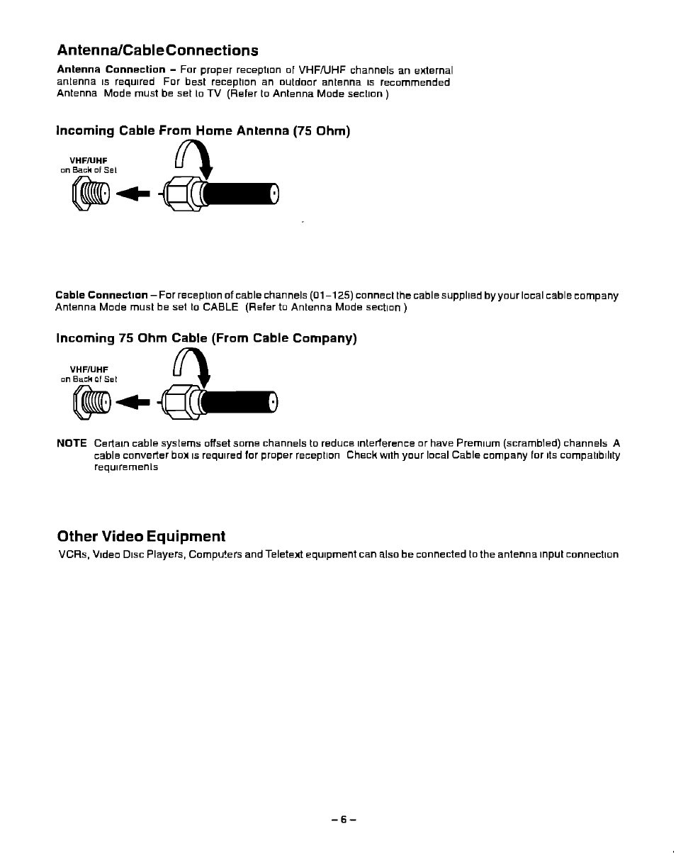 Antenna/cableconnections, Other video equipment, Antenna/cable connections | Incoming cable from home antenna (75 ohm), Incoming 75 ohm cable (from cable company) | Panasonic PT-51G40 User Manual | Page 6 / 44