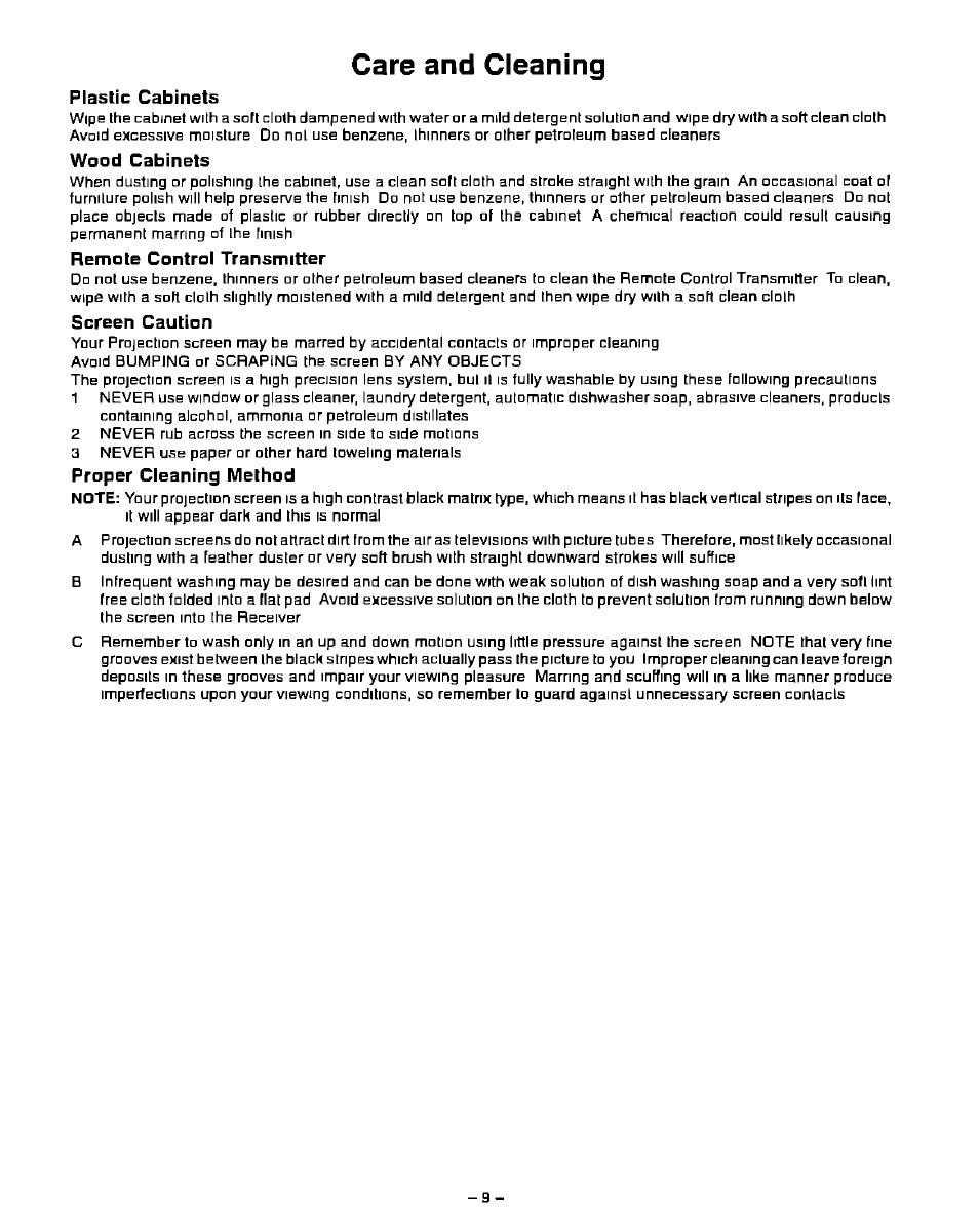 Care and cleaning, Care bi cleaning | Panasonic PT-51G40 User Manual | Page 9 / 44