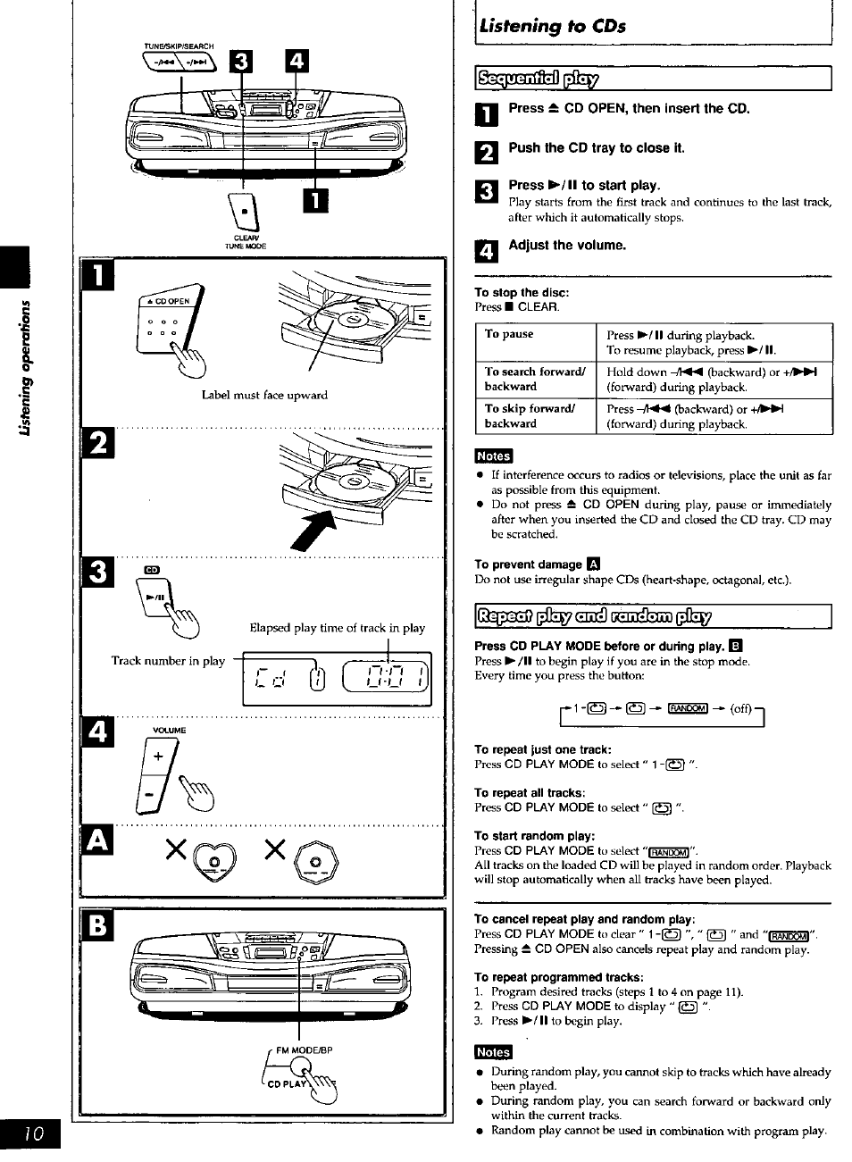 Press ± cd open, then insert the cd, Push the cd tray to close it, Press ^/11 to start play | Adjust the volume, To stop the disc, Esil^sj, To prevent damage q, Press cd play mode before or during play. e3, To repeat just one track, To repeat all tracks | Panasonic rx-ds28 User Manual | Page 10 / 20