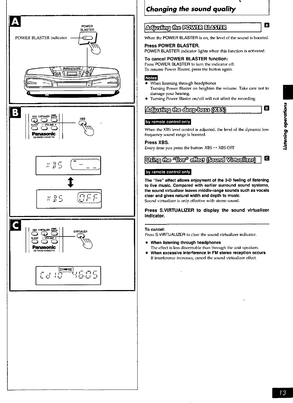 Press power blaster, To cancel power blaster function, Press xbs | Changing the sound quality | Panasonic rx-ds28 User Manual | Page 13 / 20