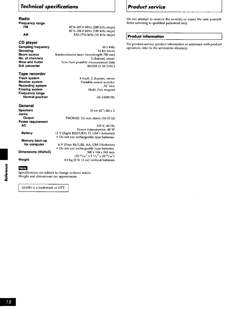 Radio, Cd player, General | Technicai specifications product service | Panasonic rx-ds28 User Manual | Page 18 / 20