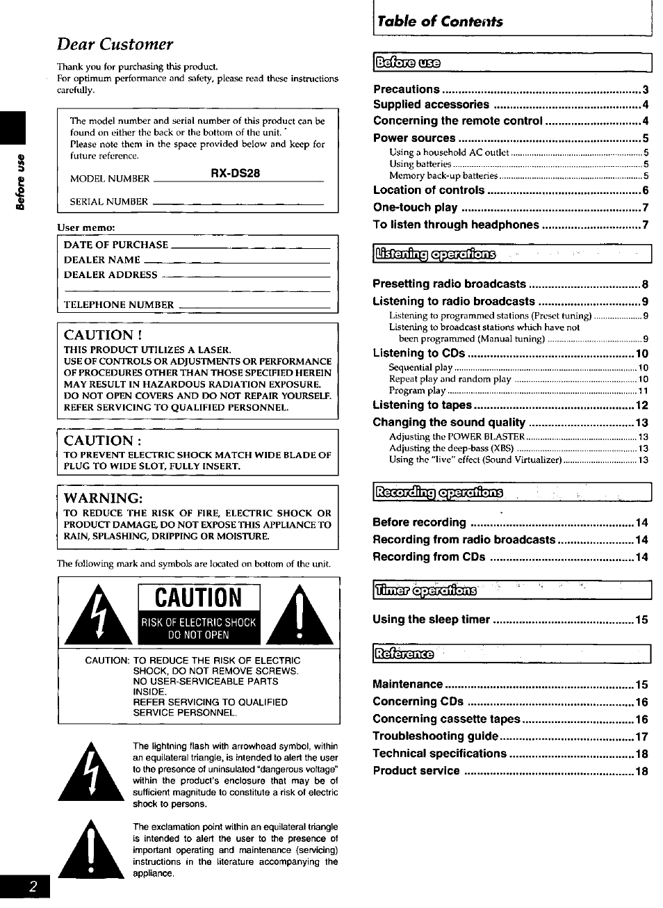 Caution | Panasonic rx-ds28 User Manual | Page 2 / 20
