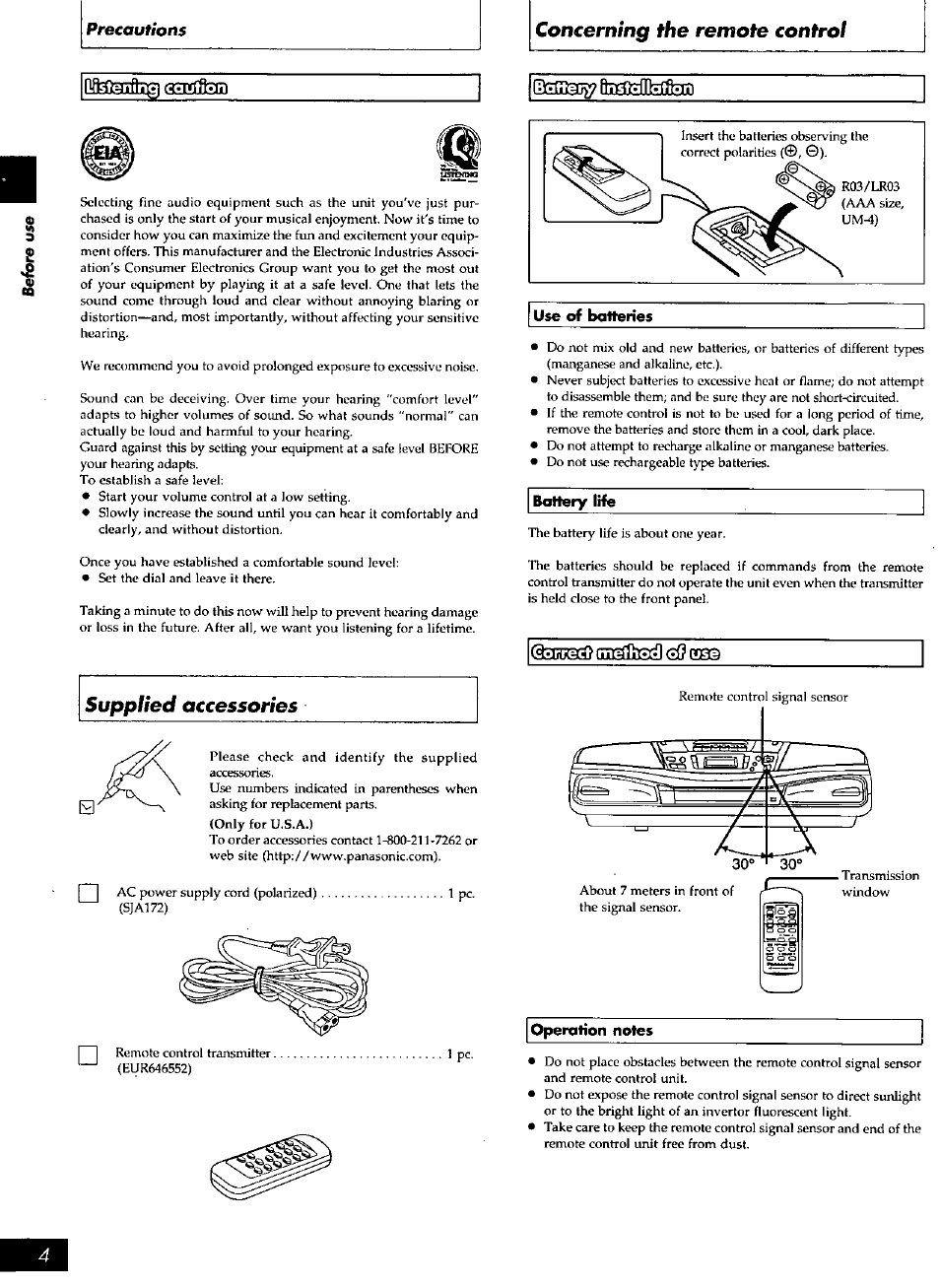 Use of batteries, Battery life, Operation notes | Concerning the remote control, Supplied accessories | Panasonic rx-ds28 User Manual | Page 4 / 20