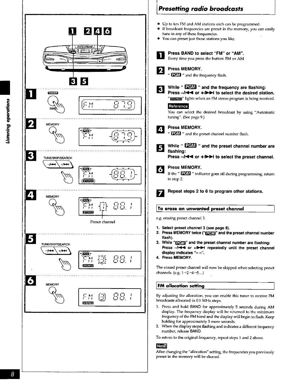 Press band to select “fm” or “am, Press memory, While “ ” and the preset channel number are | N press memory, C] repeat steps 2 to 6 to program other stations, I7 -r 7i, Presetting radio broadcasts | Panasonic rx-ds28 User Manual | Page 8 / 20