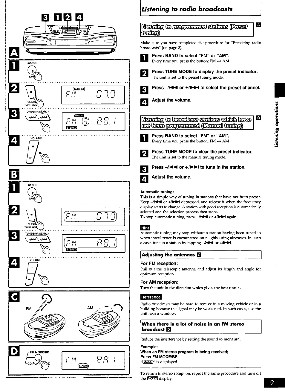 Press tune mode to display the preset indicator, Press band to select “fm” or “am, Press tune mode to clear the preset indicator | Automatic tuning, For fm reception, Example, Listening to radio broadcasts, Pfesaìftiq 03 fessgifeed eodisaib cteicq | Panasonic rx-ds28 User Manual | Page 9 / 20