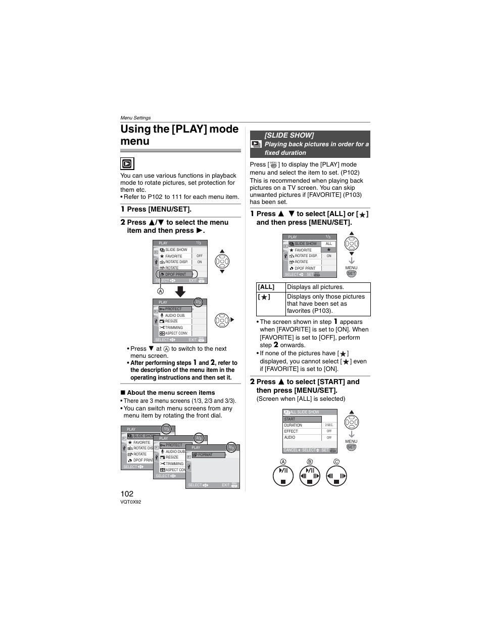 Using the [play] mode menu, Slide show | Panasonic DMC-FZ50 User Manual | Page 102 / 144