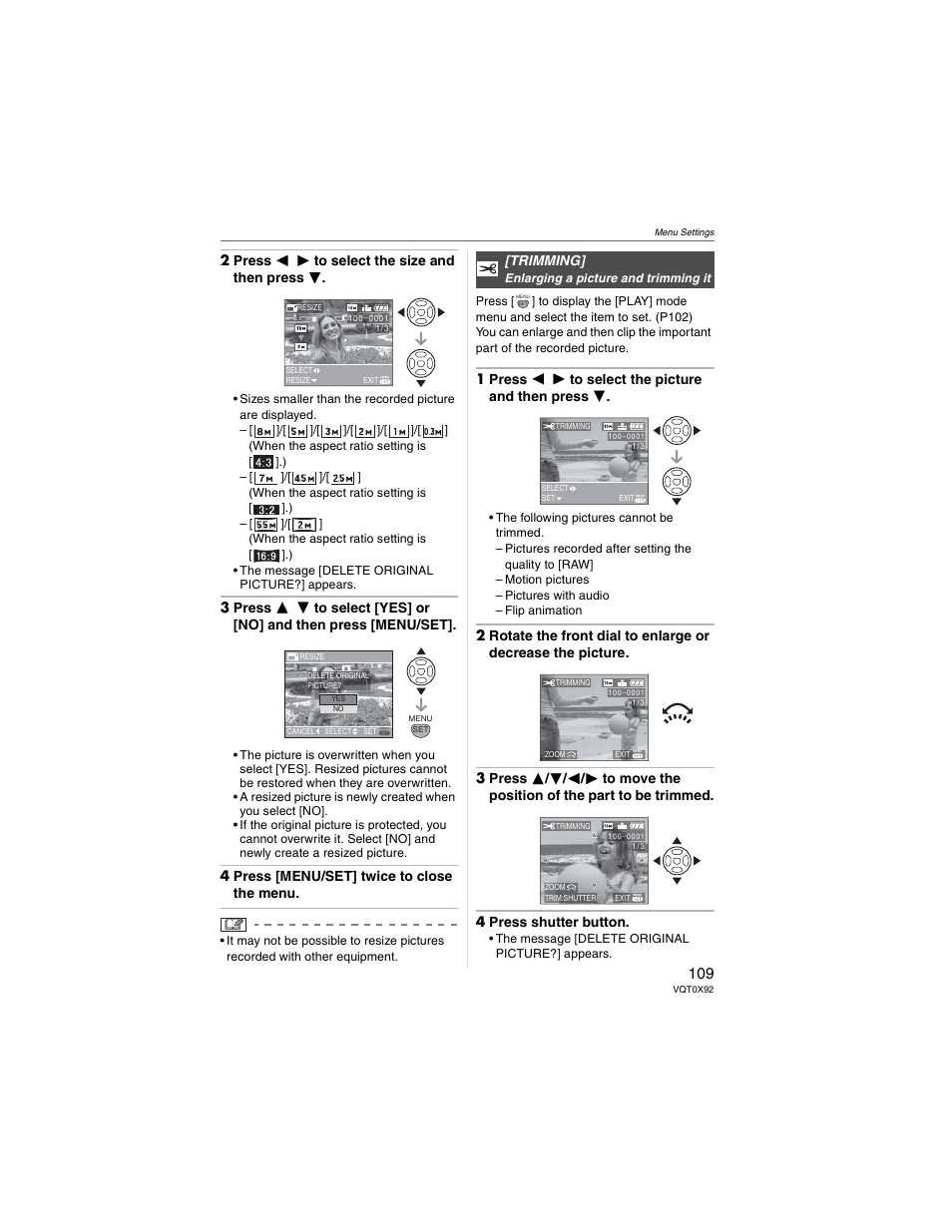 2 press   to select the size and then press, 4 press [menu/set] twice to close the menu, 1 press   to select the picture and then press | Trimming | Panasonic DMC-FZ50 User Manual | Page 109 / 144