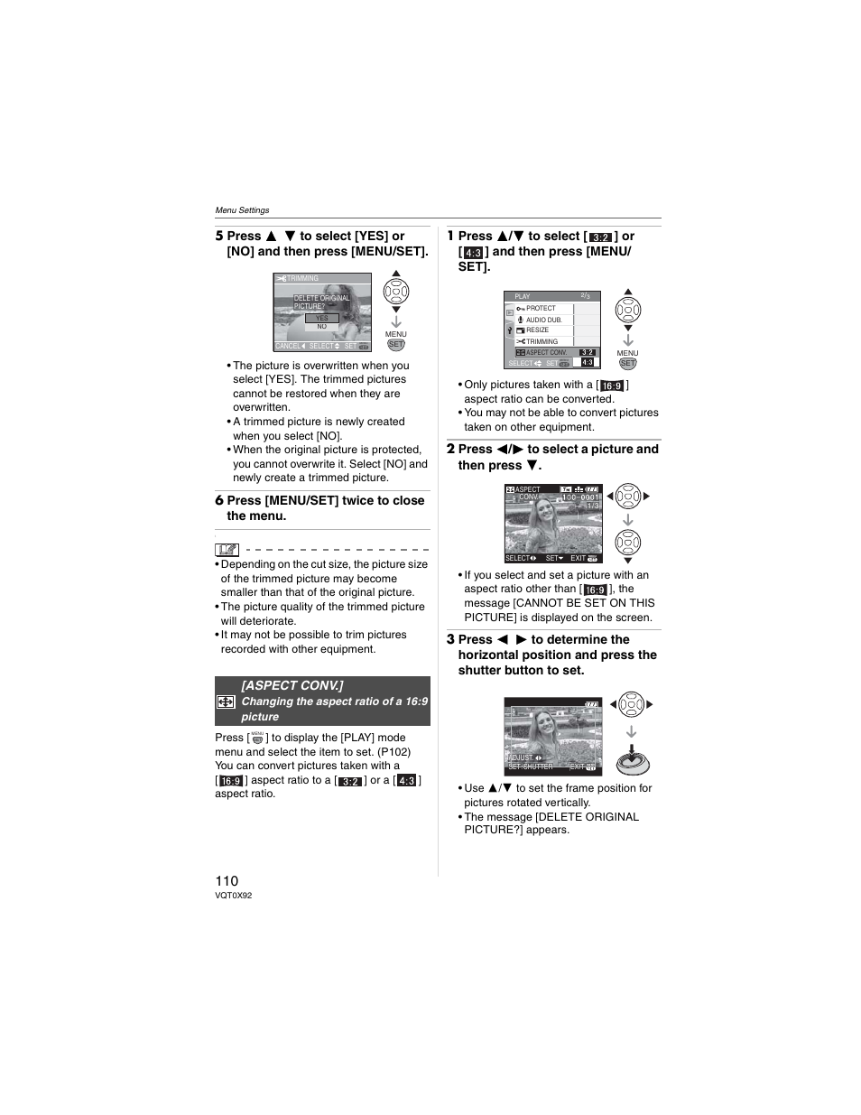 6 press [menu/set] twice to close the menu, 2 press  /  to select a picture and then press, Aspect conv | Panasonic DMC-FZ50 User Manual | Page 110 / 144