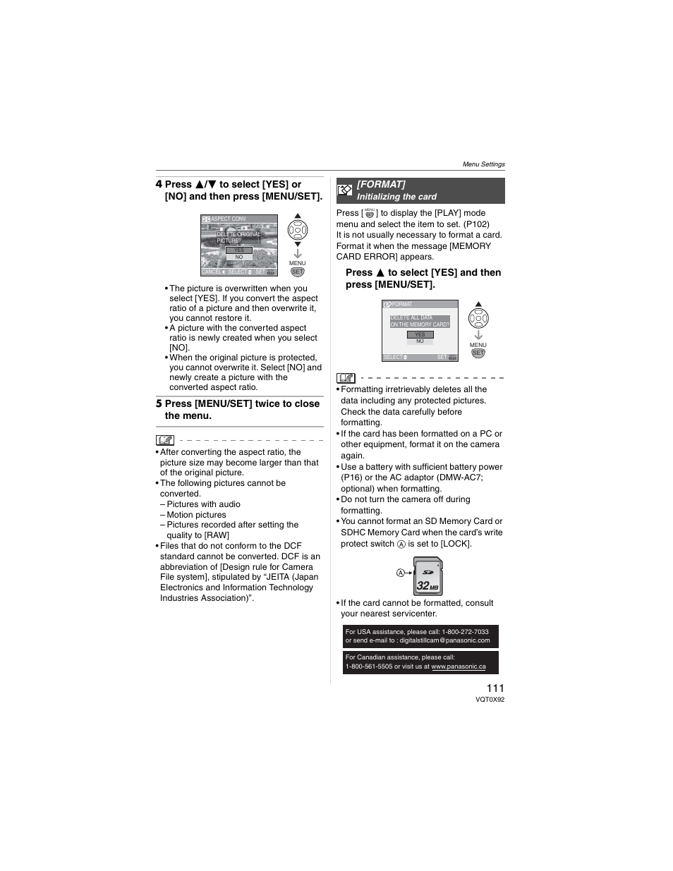 5 press [menu/set] twice to close the menu, Press  to select [yes] and then press [menu/set, Format | Panasonic DMC-FZ50 User Manual | Page 111 / 144