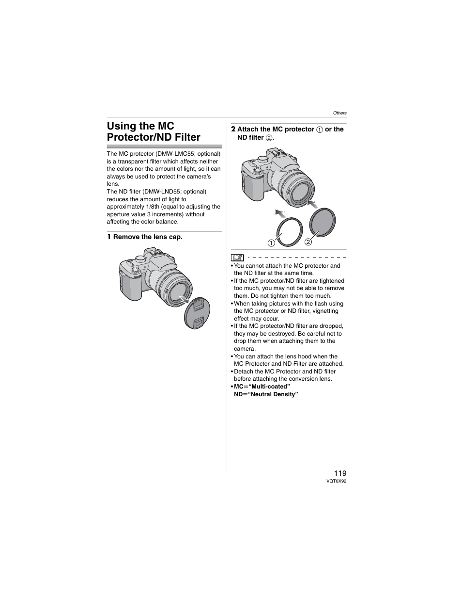 Others, Using the mc protector/nd filter | Panasonic DMC-FZ50 User Manual | Page 119 / 144
