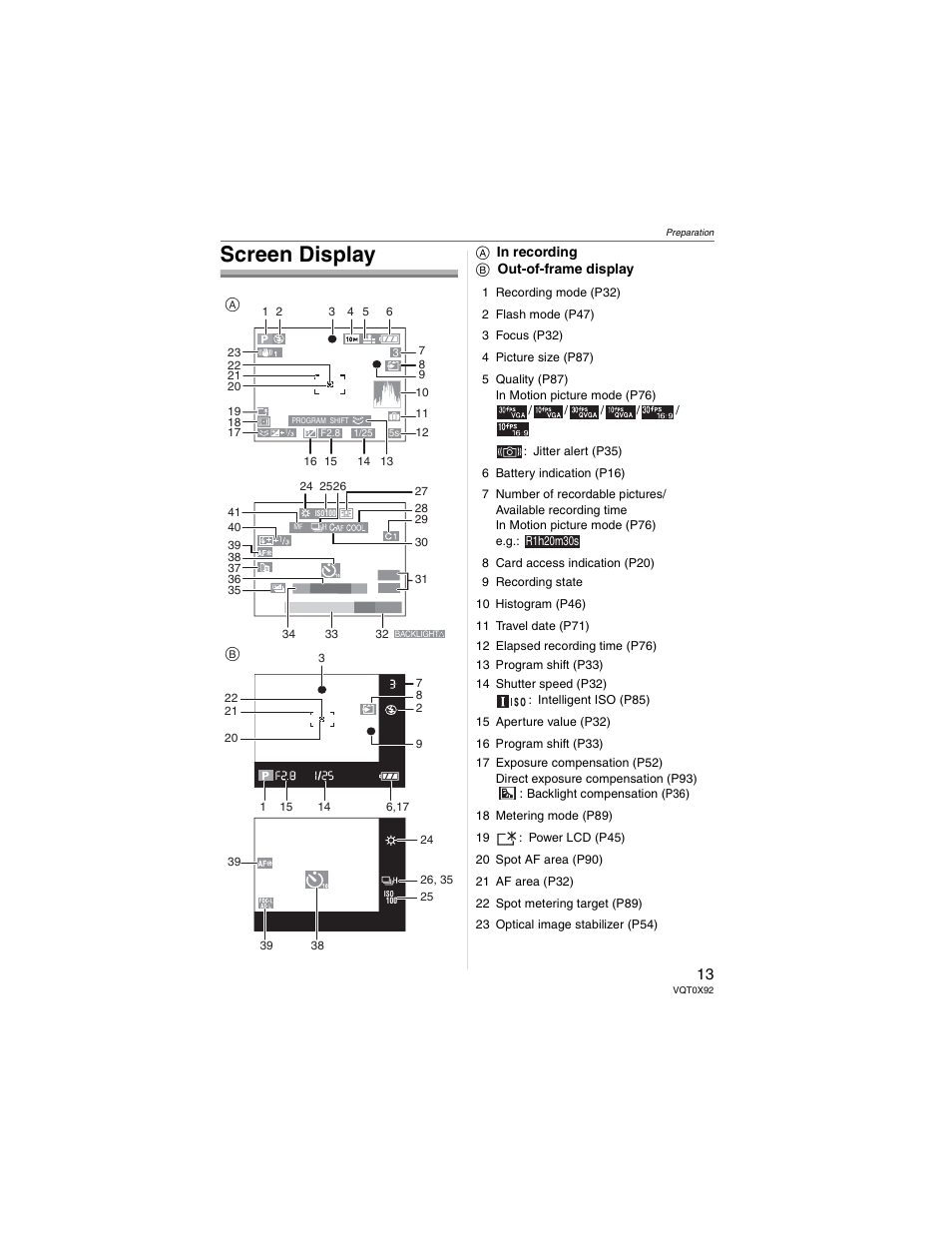 Screen display | Panasonic DMC-FZ50 User Manual | Page 13 / 144
