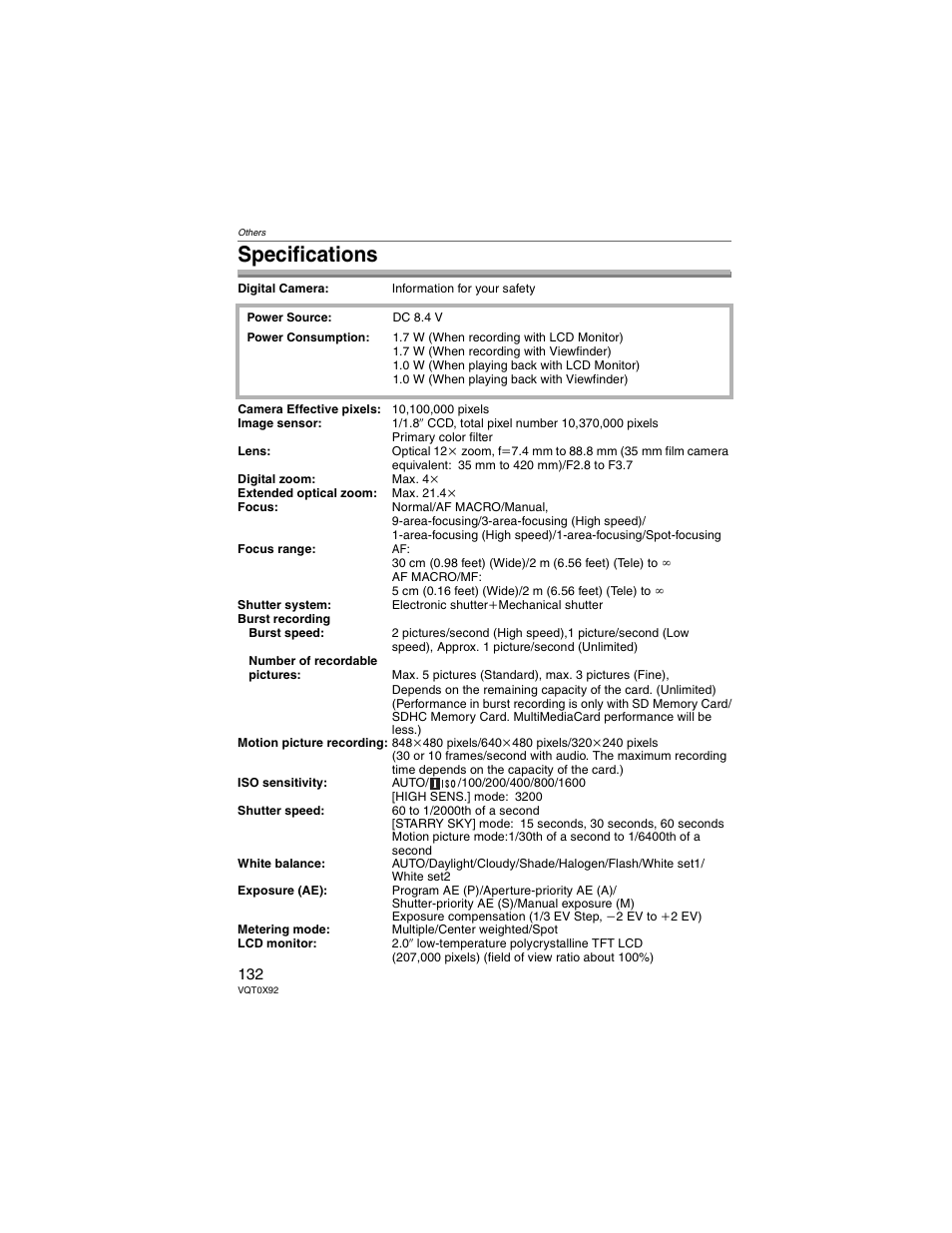 Specifications | Panasonic DMC-FZ50 User Manual | Page 132 / 144