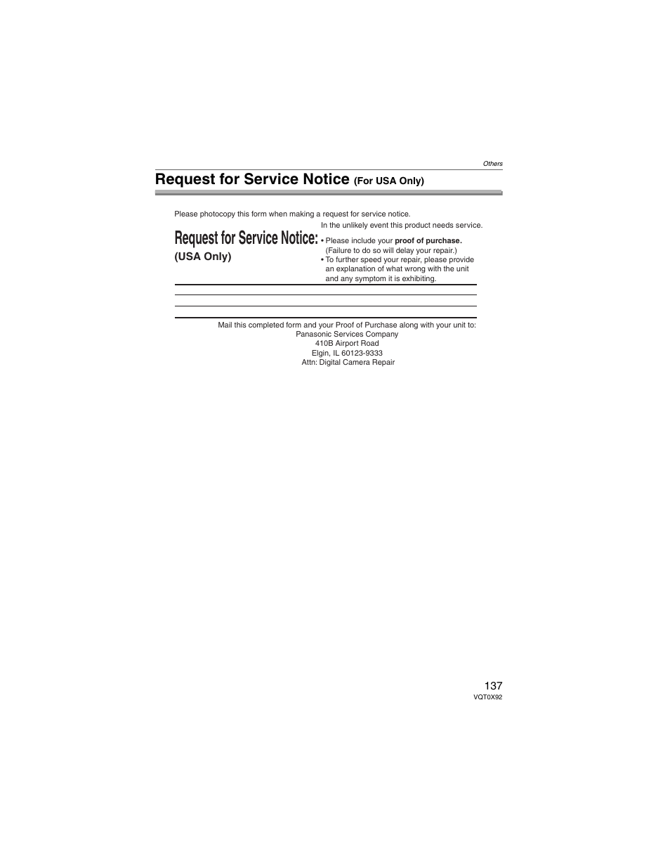 Request for service notice (for usa only), Request for service notice | Panasonic DMC-FZ50 User Manual | Page 137 / 144