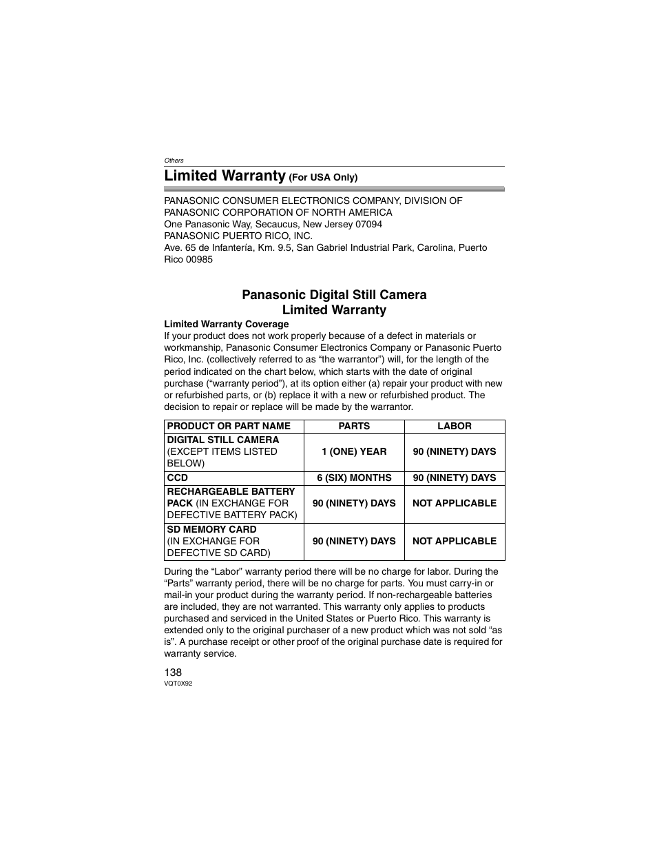 Limited warranty (for usa only), Limited warranty, Panasonic digital still camera limited warranty | Panasonic DMC-FZ50 User Manual | Page 138 / 144