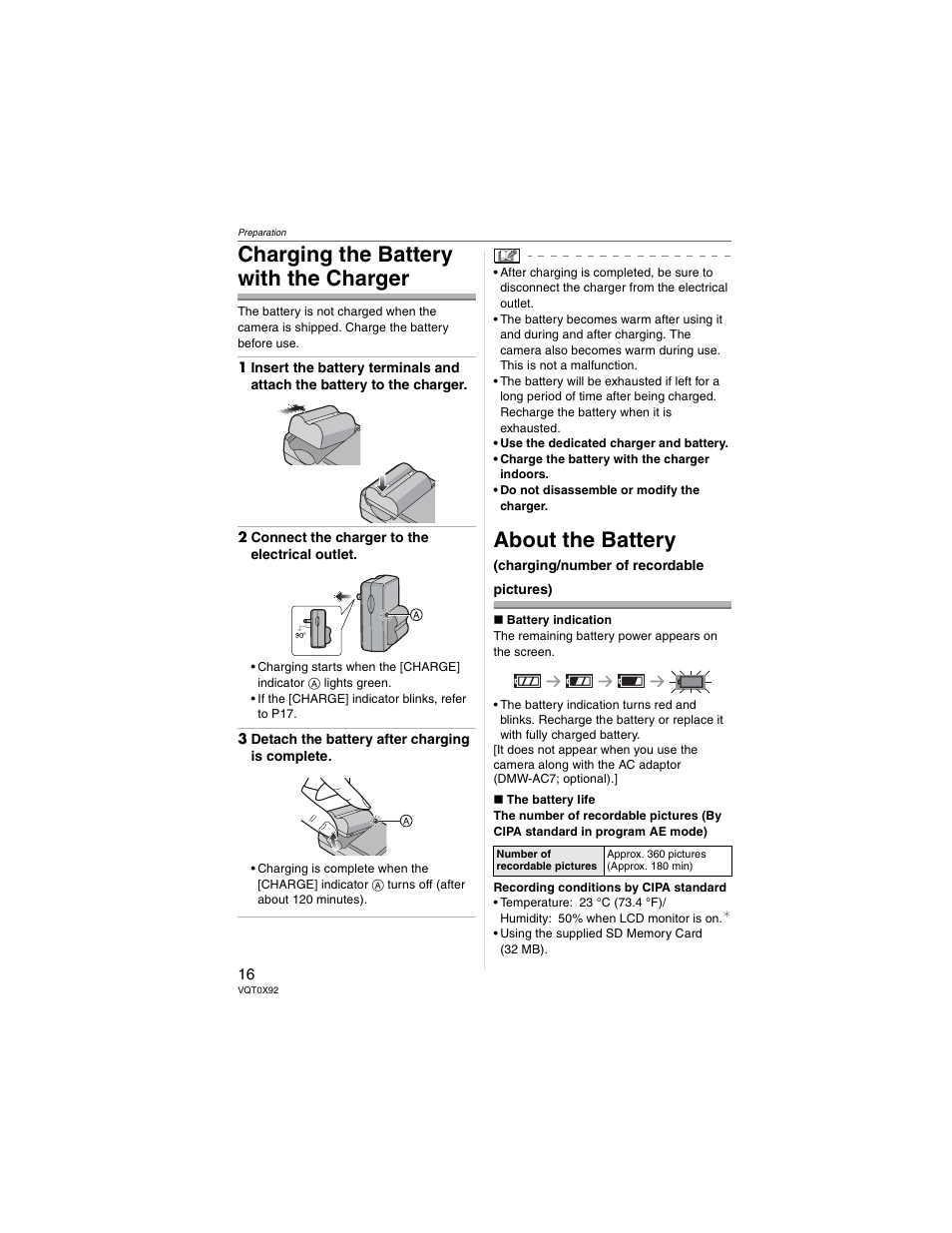 Charging the battery with the charger, About the battery | Panasonic DMC-FZ50 User Manual | Page 16 / 144