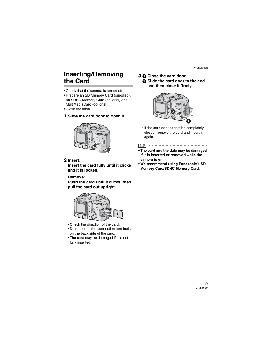 Inserting/removing the card | Panasonic DMC-FZ50 User Manual | Page 19 / 144