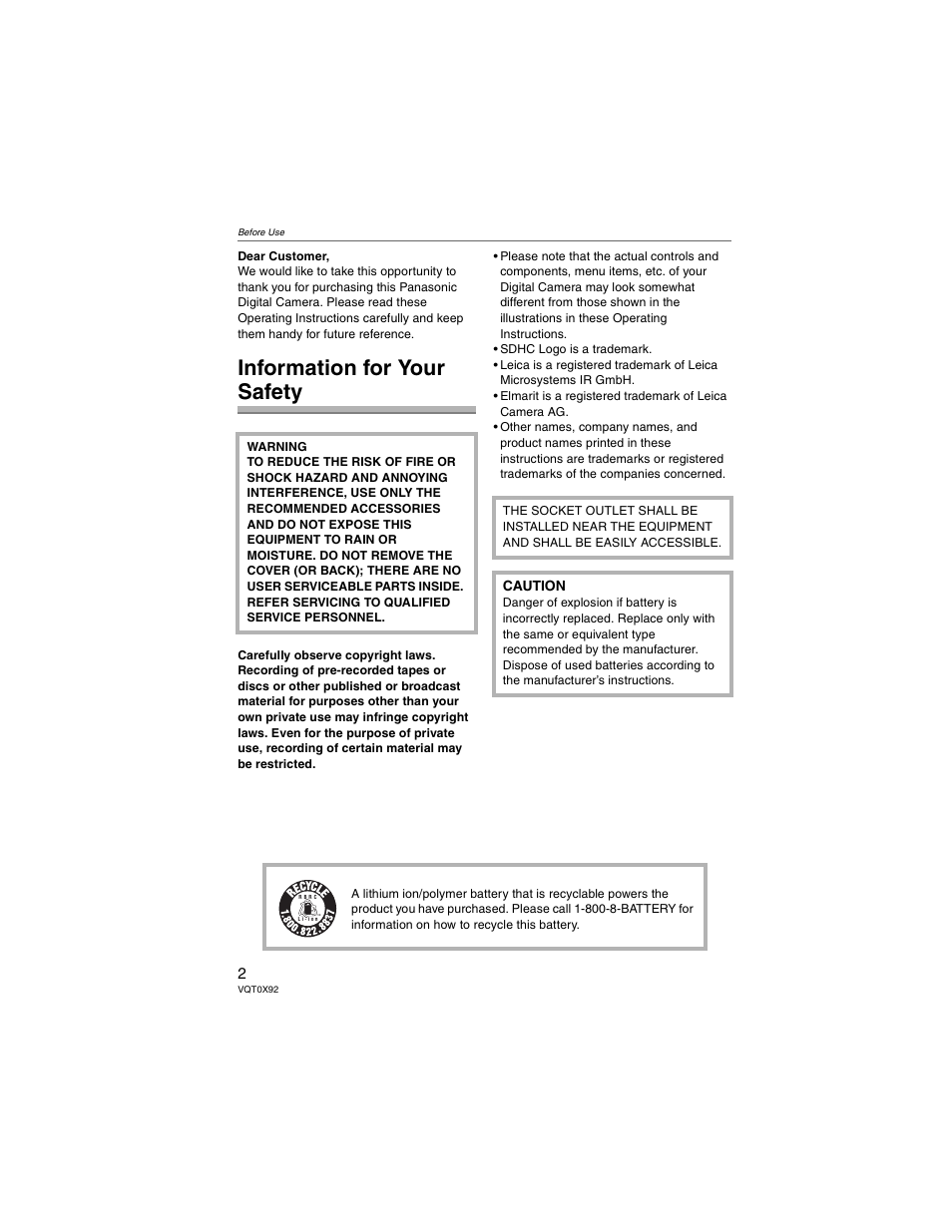 Before use, Information for your safety | Panasonic DMC-FZ50 User Manual | Page 2 / 144