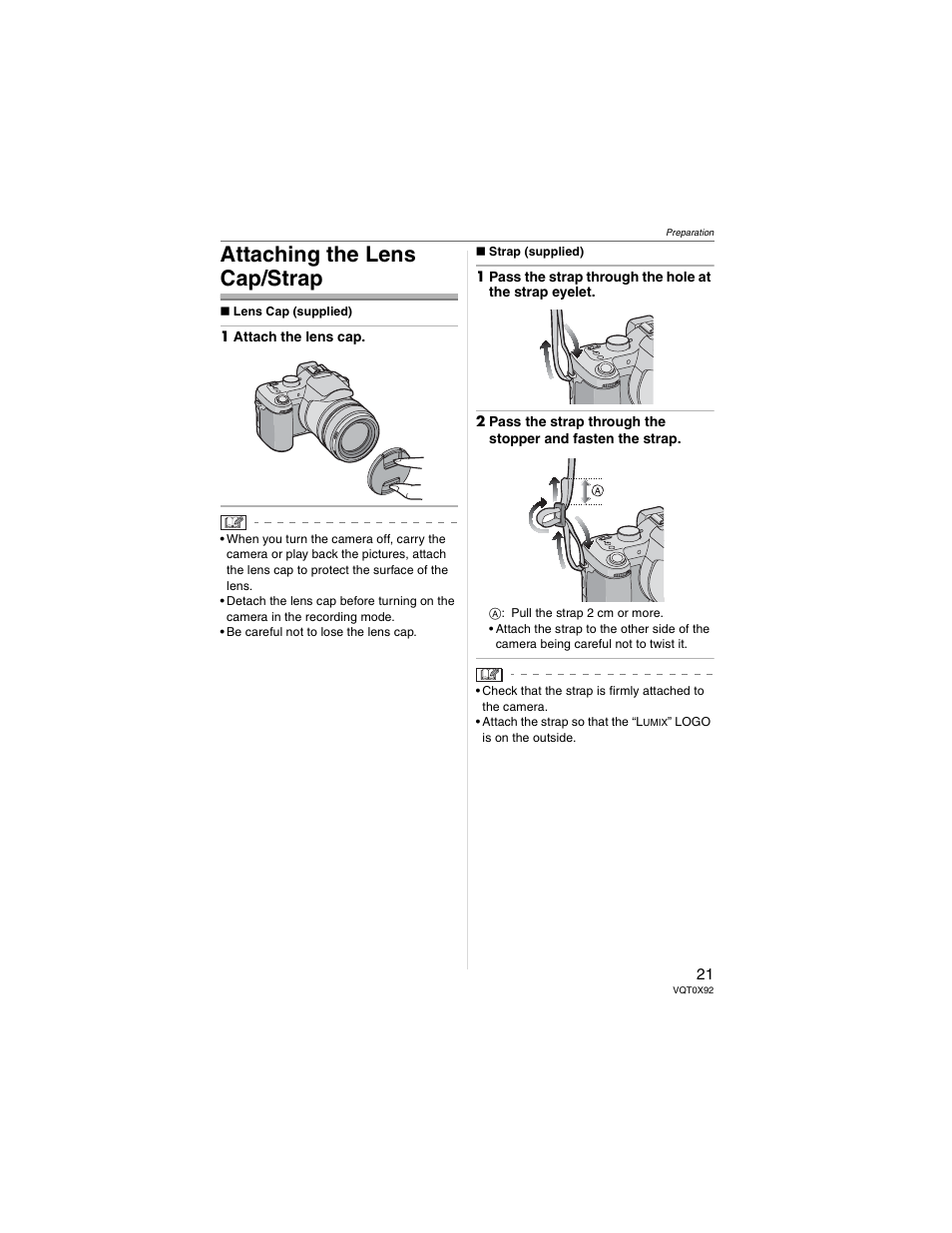 Attaching the lens cp/strap, Attaching the lens cap/strap | Panasonic DMC-FZ50 User Manual | Page 21 / 144
