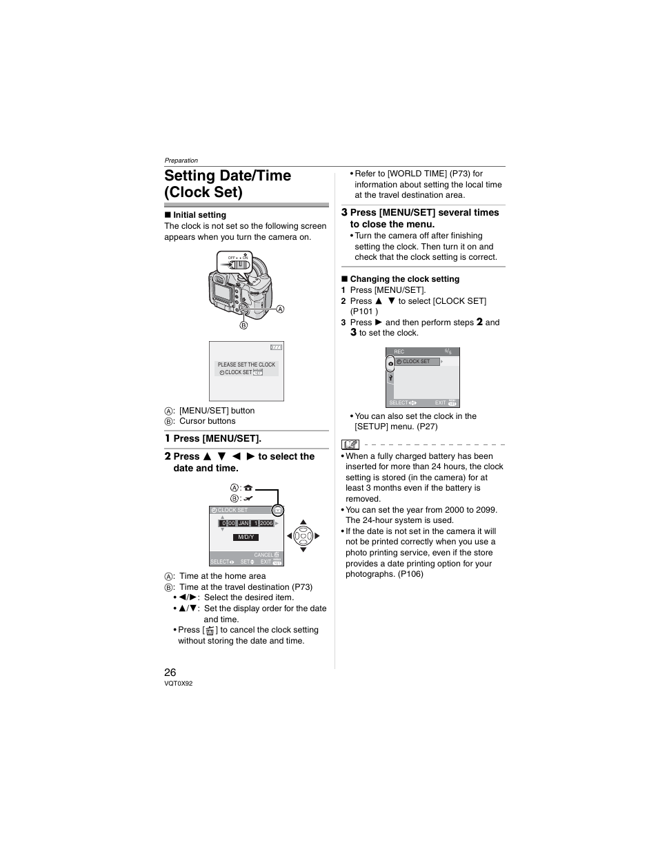 Setting date/time (clock set), 3 press [menu/set] several times to close the menu | Panasonic DMC-FZ50 User Manual | Page 26 / 144