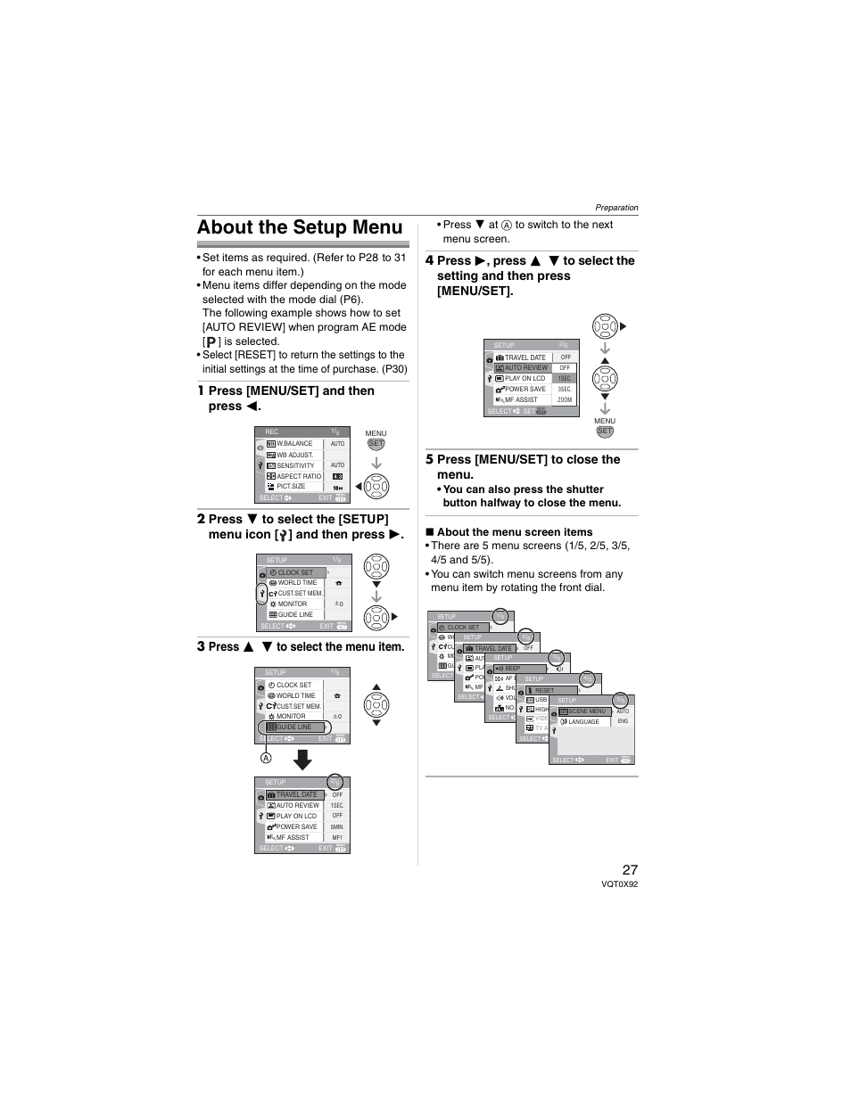 About the setup menu, Press  at  to switch to the next menu screen | Panasonic DMC-FZ50 User Manual | Page 27 / 144