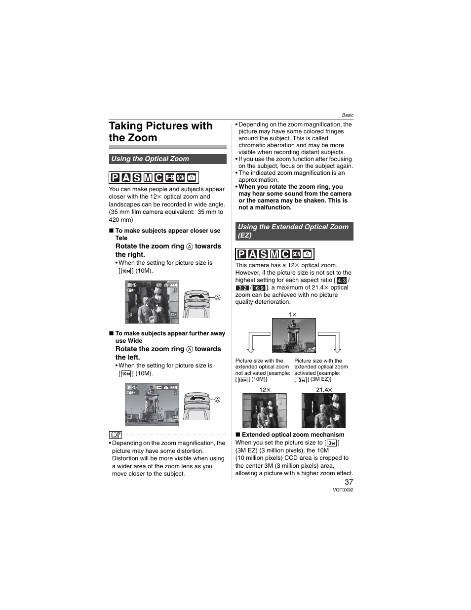 Taking pictures with the zoom | Panasonic DMC-FZ50 User Manual | Page 37 / 144