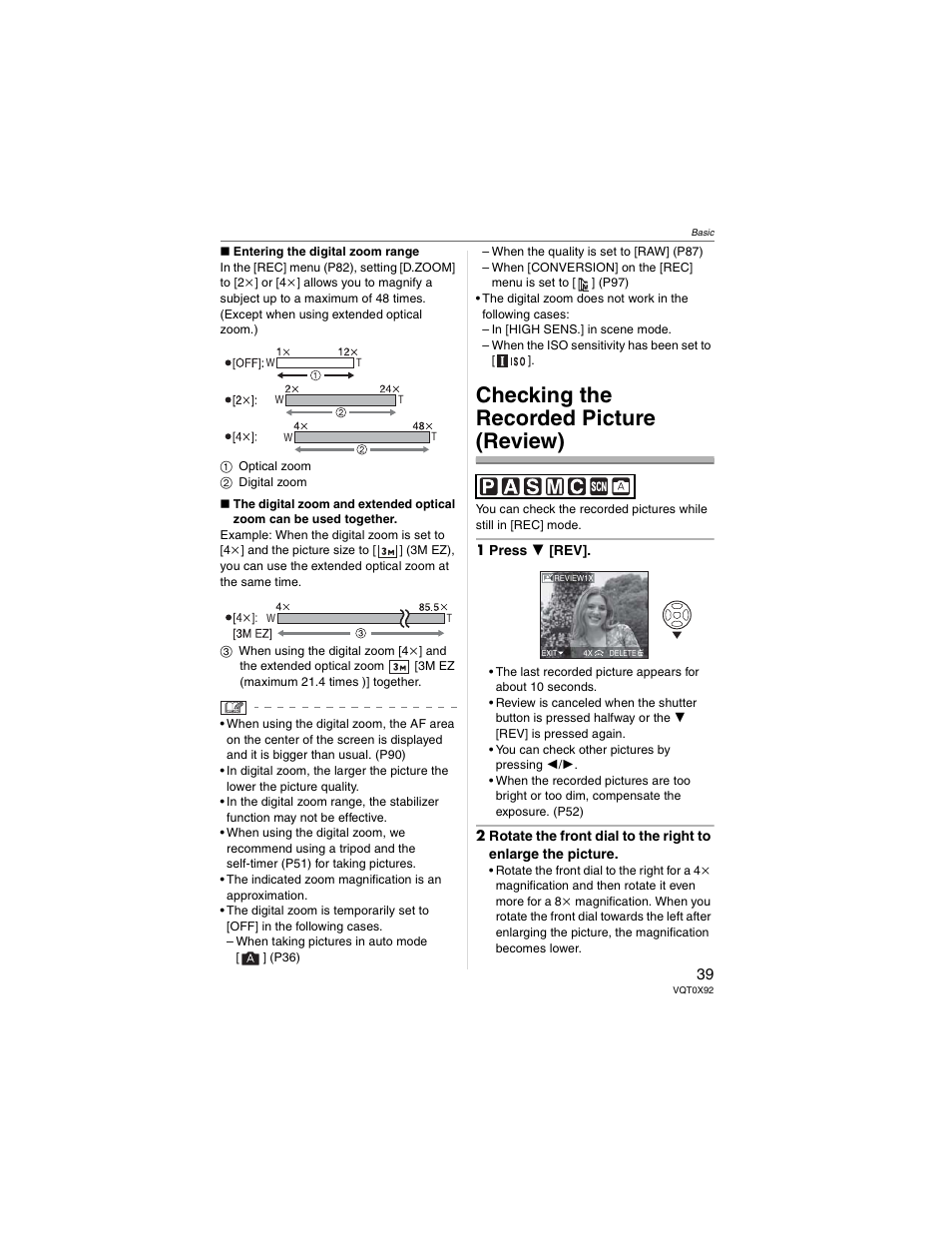Checking the recorded picture (review) | Panasonic DMC-FZ50 User Manual | Page 39 / 144