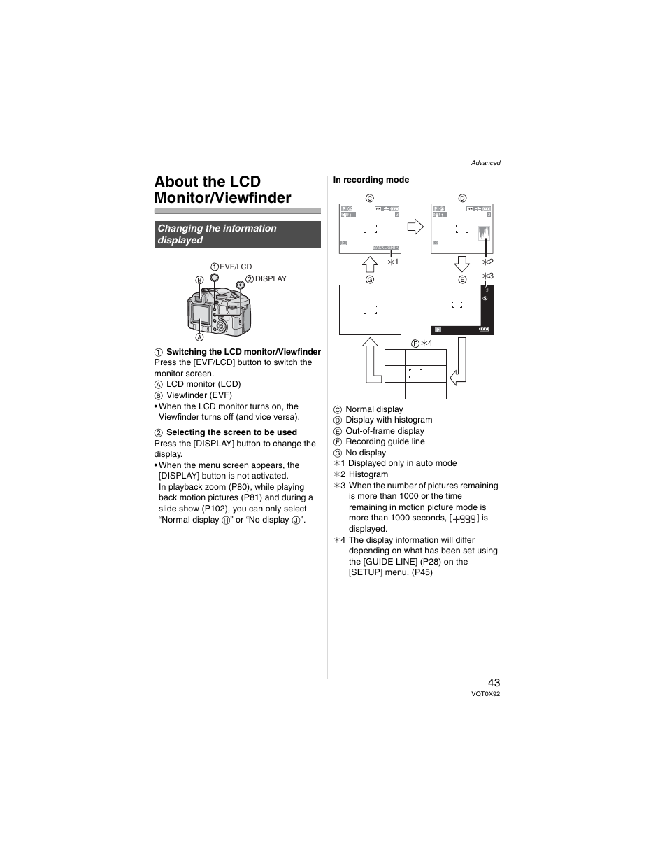 Advanced, About the lcd monitor/viewfinder | Panasonic DMC-FZ50 User Manual | Page 43 / 144