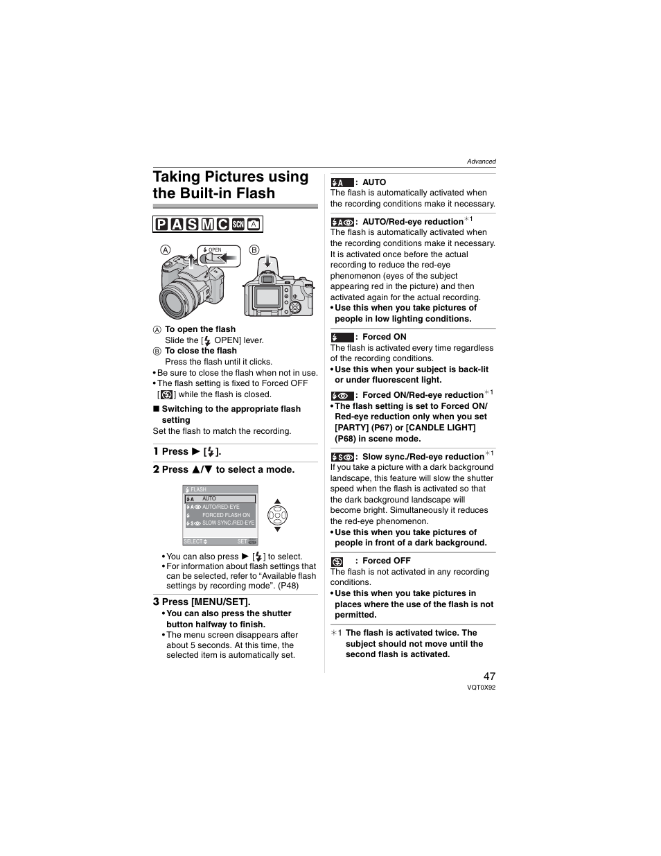 Taking pictures using the built-in flash | Panasonic DMC-FZ50 User Manual | Page 47 / 144