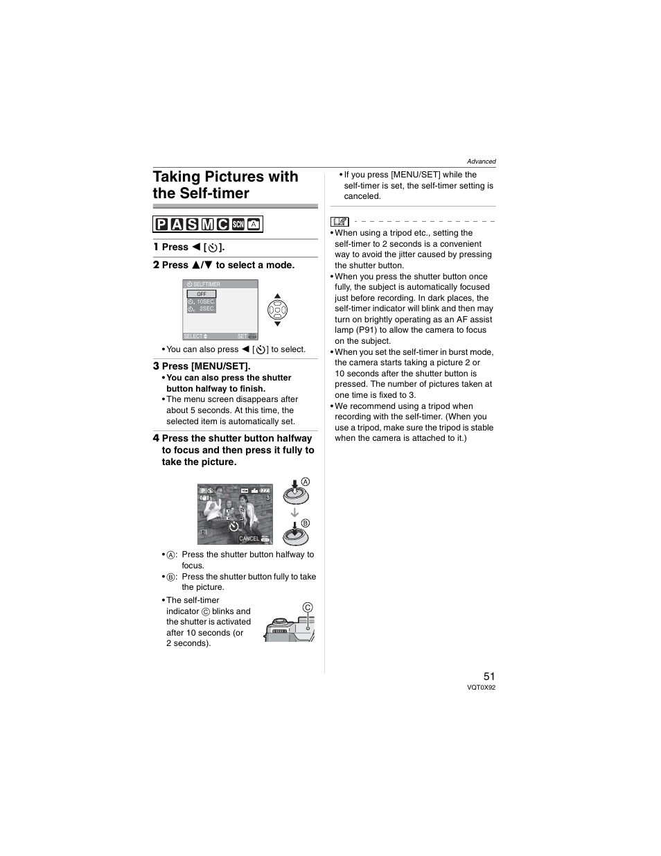 Taking pictures with the self-timer | Panasonic DMC-FZ50 User Manual | Page 51 / 144