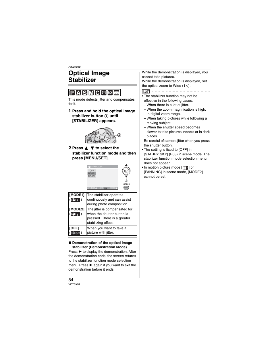 Optimal image stabilizer, Optical image stabilizer | Panasonic DMC-FZ50 User Manual | Page 54 / 144