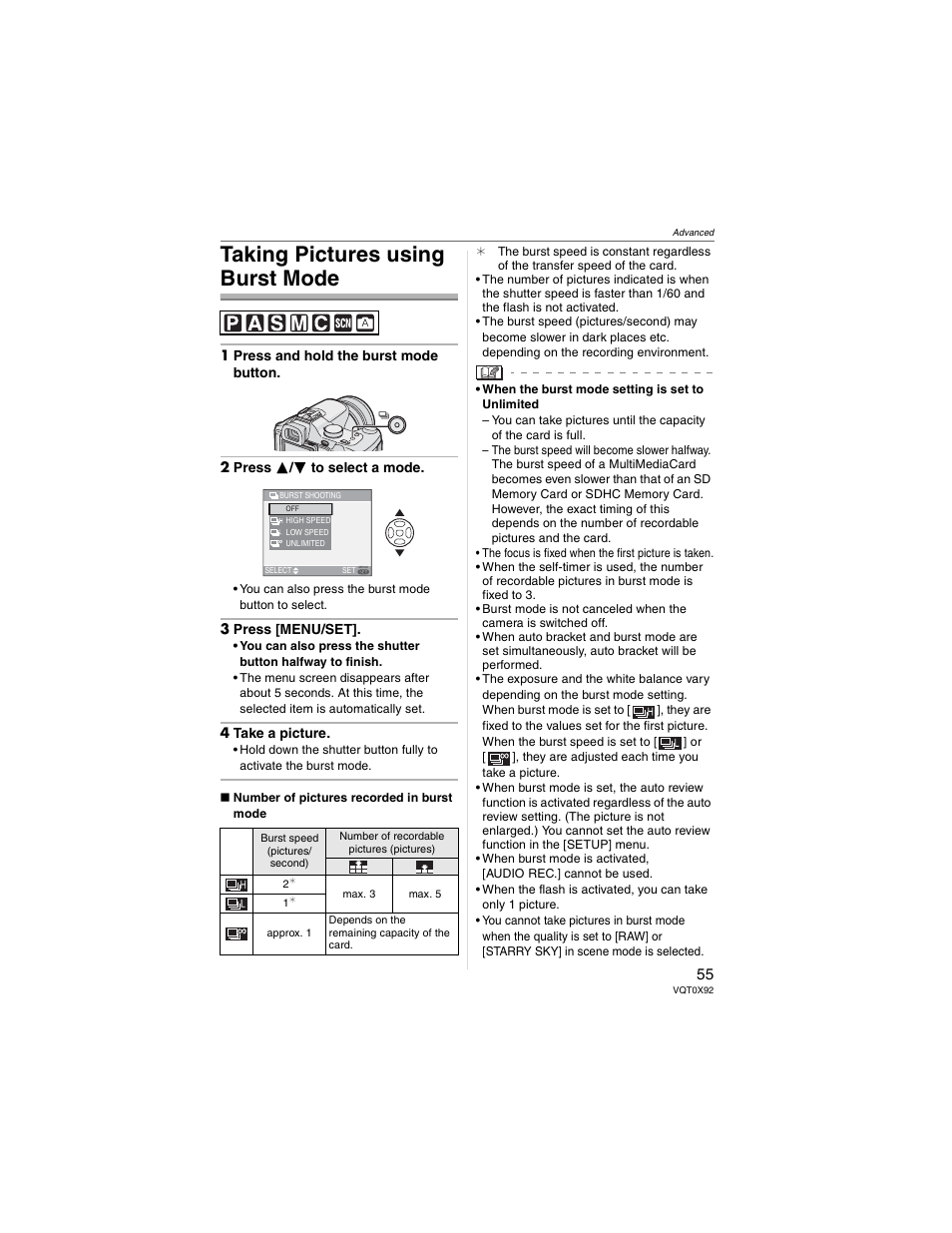 Taking pictures using burst mode | Panasonic DMC-FZ50 User Manual | Page 55 / 144