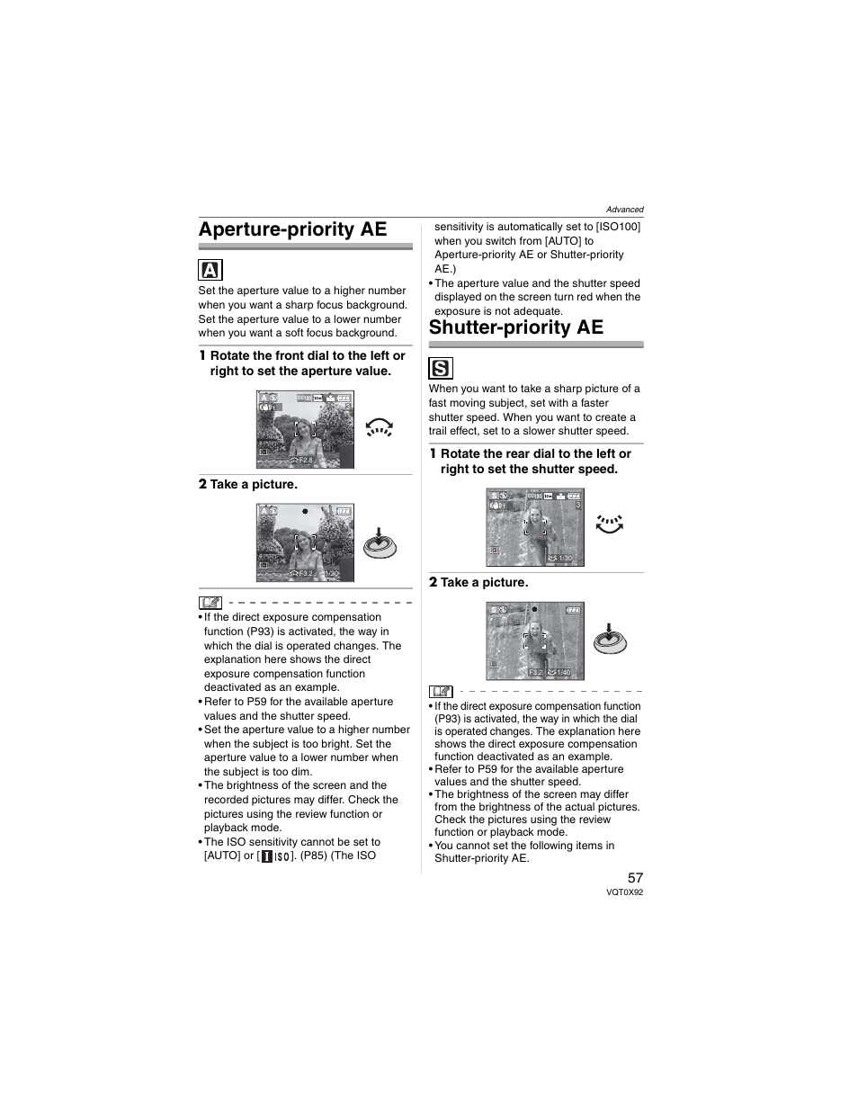 Aperture-priority ae, Shutter-priority ae | Panasonic DMC-FZ50 User Manual | Page 57 / 144