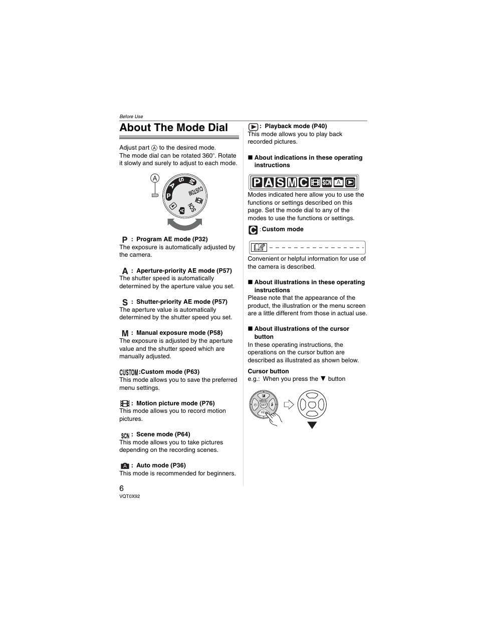 About the mode dial | Panasonic DMC-FZ50 User Manual | Page 6 / 144