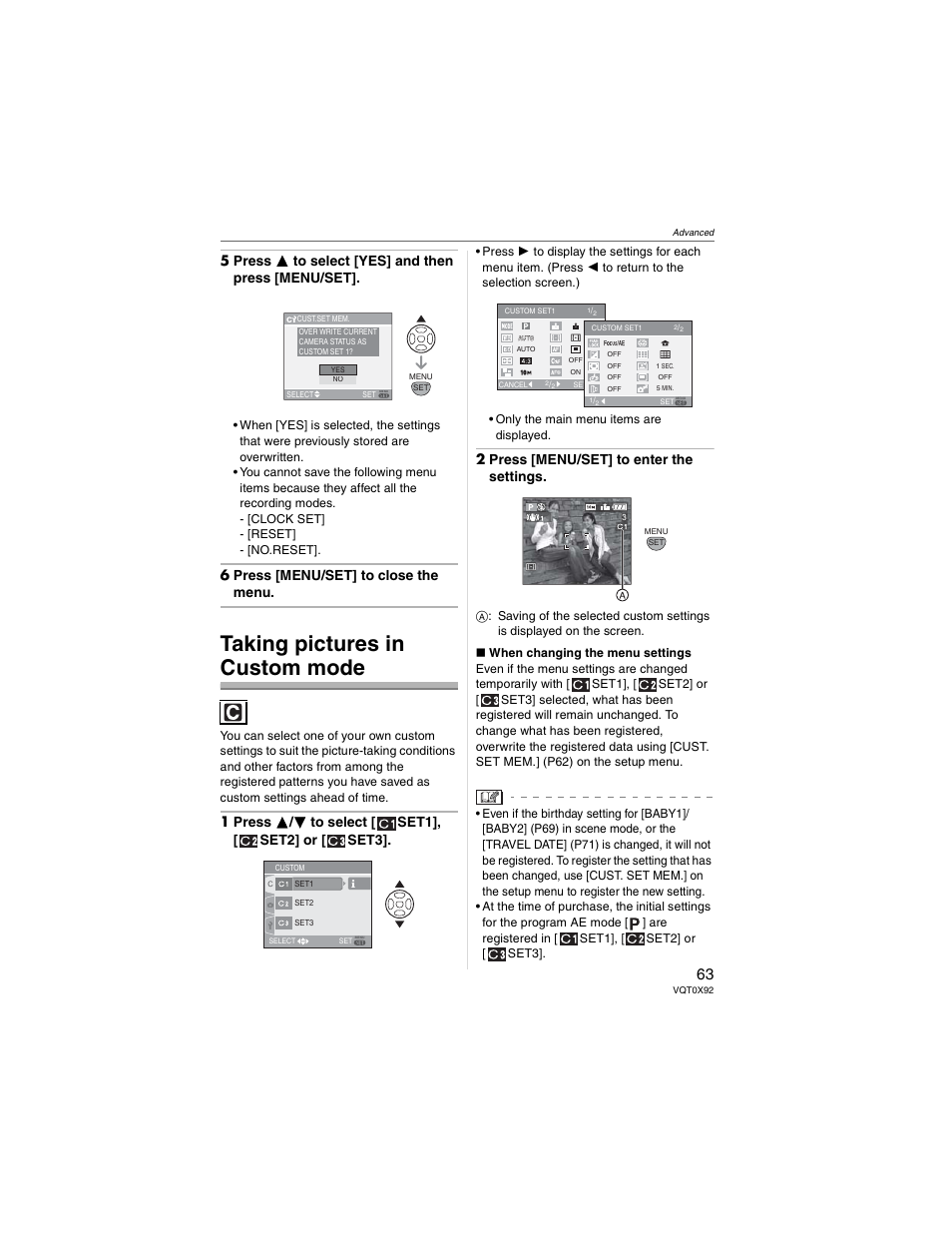 Taking pictures in custom mode, 5 press  to select [yes] and then press [menu/set, 6 press [menu/set] to close the menu | 2 press [menu/set] to enter the settings | Panasonic DMC-FZ50 User Manual | Page 63 / 144