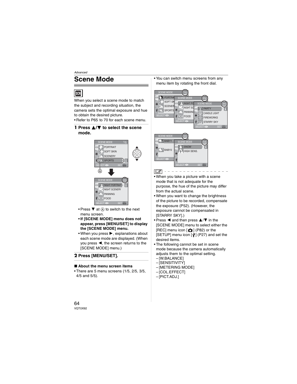 Scene mode, 1 press  /  to select the scene mode, 2 press [menu/set | Panasonic DMC-FZ50 User Manual | Page 64 / 144